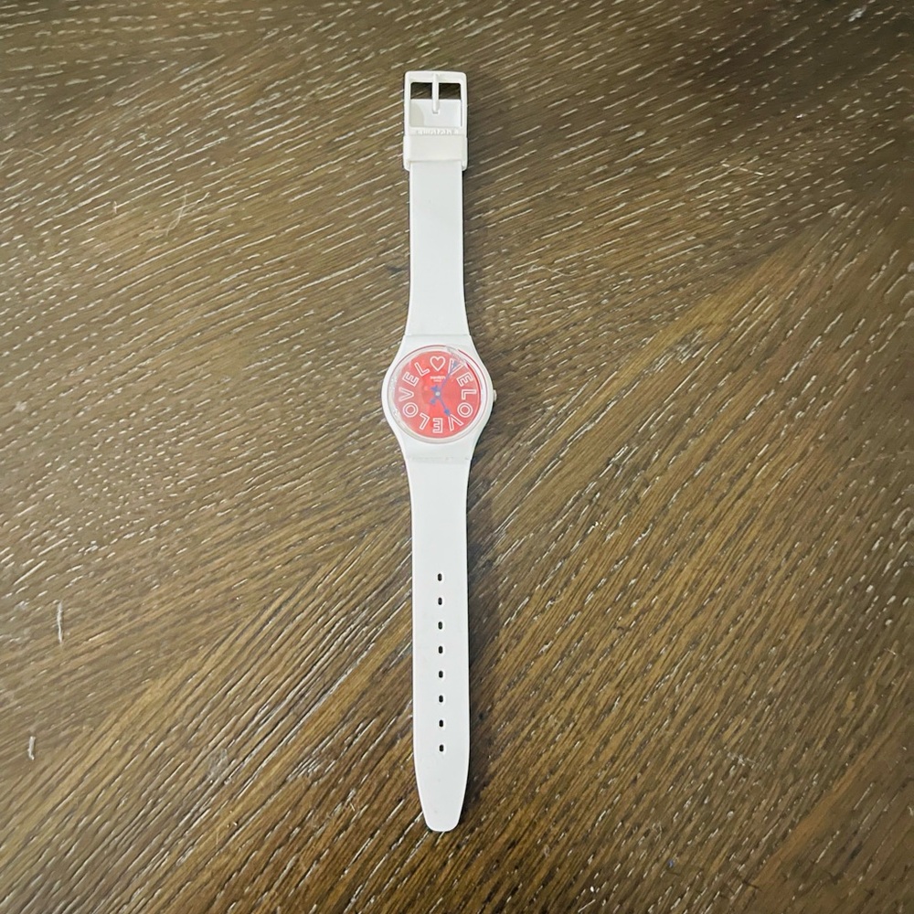 Swatch White Silicone Watch with Pink Dial